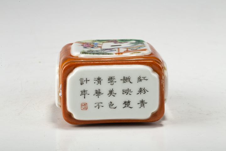 古玩陶瓷民國·珊瑚紅地開窗粉彩張生跳墻紋四方蓋盒拍賣，當前價格1792元