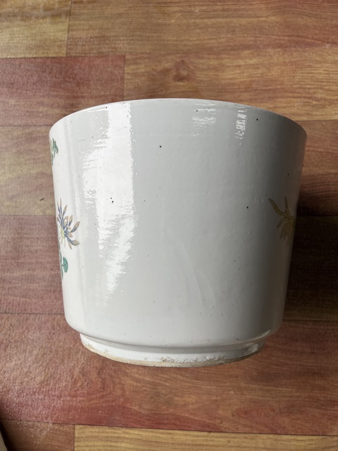 古玩陶瓷花鳥紋粉彩圈足筒式香爐(花盆)真品鑒賞圖