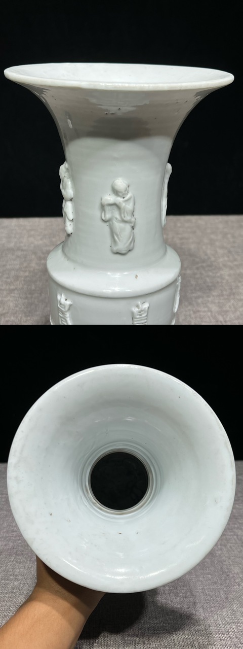 古玩陶瓷德化白瓷貼塑八仙人物花觚真品鑒賞圖