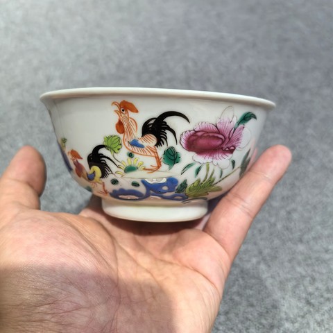 古玩陶瓷富貴大吉圖粉彩茶圓真品鑒賞圖