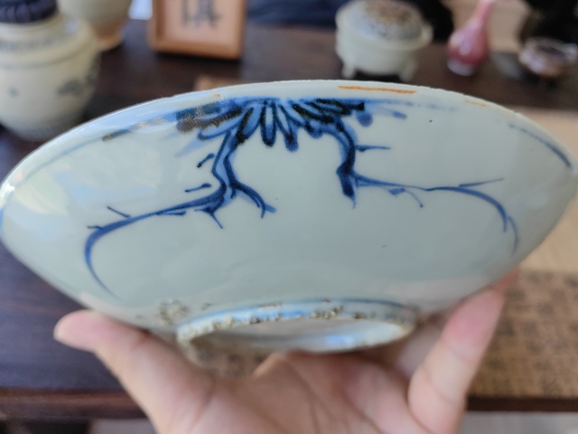 古玩陶瓷青花花卉詩文盤真品鑒賞圖
