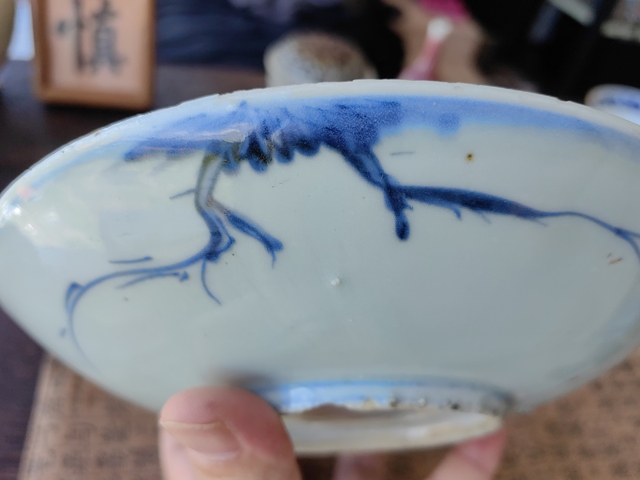 古玩陶瓷青花花卉詩文盤真品鑒賞圖