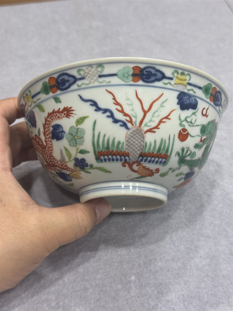 古玩陶瓷清道光 五彩龍鳳紋碗真品鑒賞圖