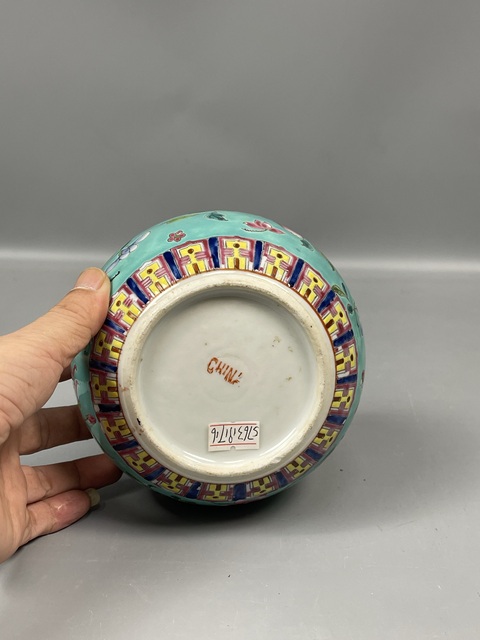 古玩陶瓷松石綠地粉彩花卉紋洗真品鑒賞圖