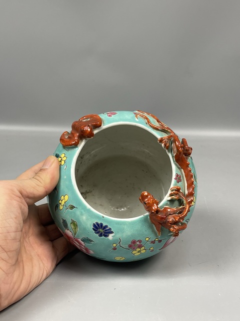 古玩陶瓷松石綠地粉彩花卉紋洗真品鑒賞圖