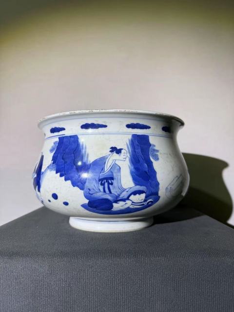 古玩陶瓷高士圖青花圈足缽式香爐真品鑒賞圖
