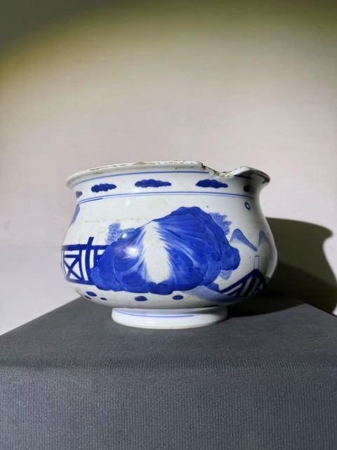 古玩陶瓷高士圖青花圈足缽式香爐真品鑒賞圖