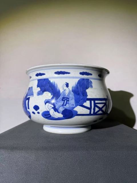 古玩陶瓷高士圖青花圈足缽式香爐真品鑒賞圖