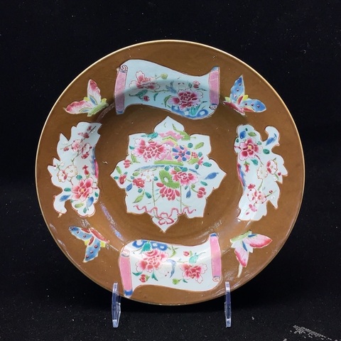 古玩陶瓷紫金釉開光花卉紋粉彩盤真品鑒賞圖