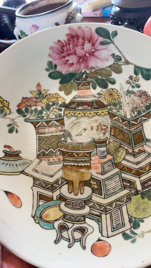 古玩陶瓷粉彩博古圖大盤真品鑒賞圖