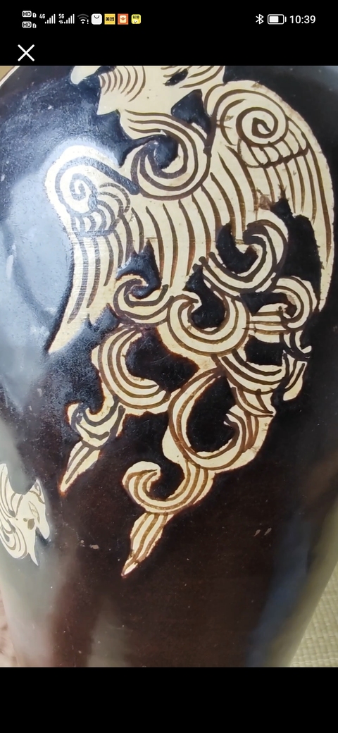 古玩陶瓷吉州窯黑釉貼繪鳳紋梅瓶真品鑒賞圖