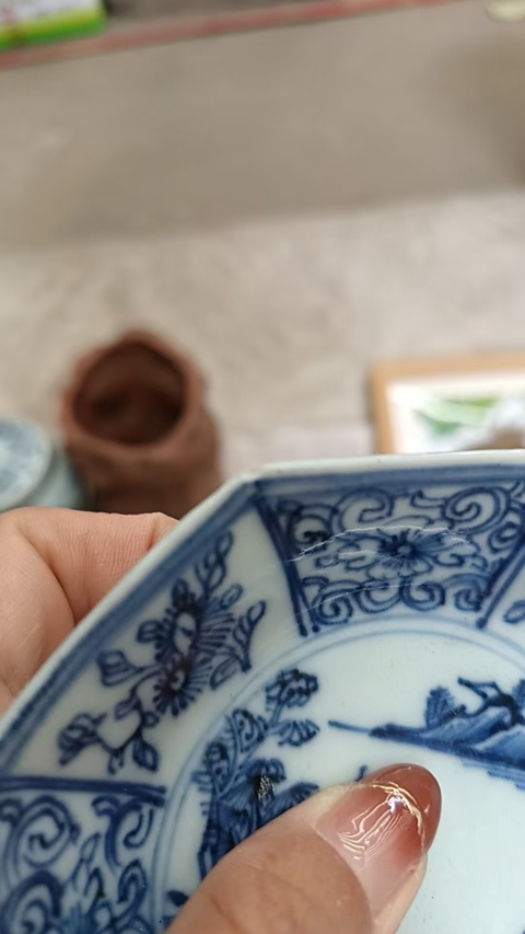 古玩陶瓷山水紋八方青花盤真品鑒賞圖