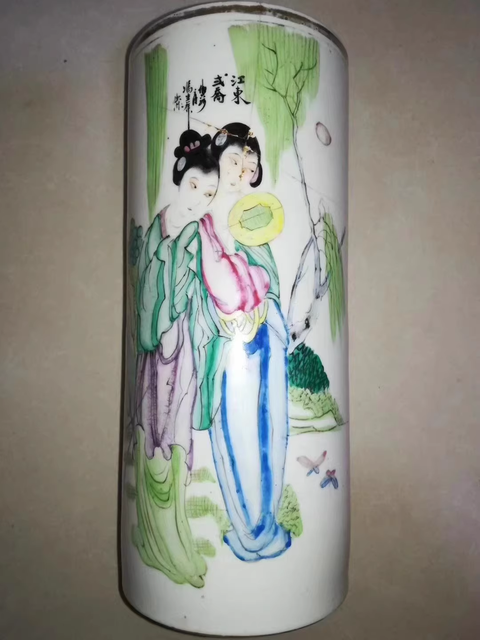 古玩陶瓷仕女紋新粉彩帽筒真品鑒賞圖