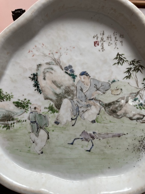 古玩陶瓷汪友棠 淺絳彩高士圖畫盤真品鑒賞圖