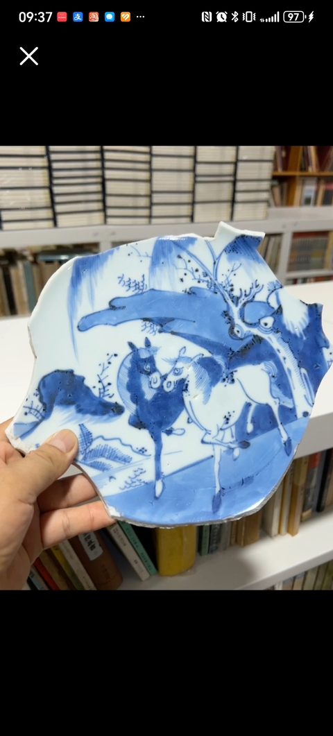 古玩陶瓷柳蔭棲馬紋青花標本真品鑒賞圖