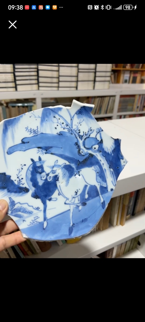 古玩陶瓷柳蔭棲馬紋青花標本真品鑒賞圖