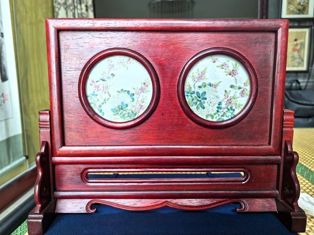 古玩陶瓷淺絳彩花鳥紋瓷板真品鑒賞圖