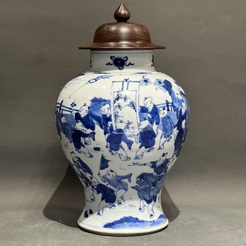 古玩陶瓷嬰戲紋青花將軍罐真品鑒賞圖