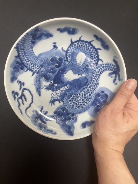 古玩陶瓷雍正青花過墻龍盤真品鑒賞圖