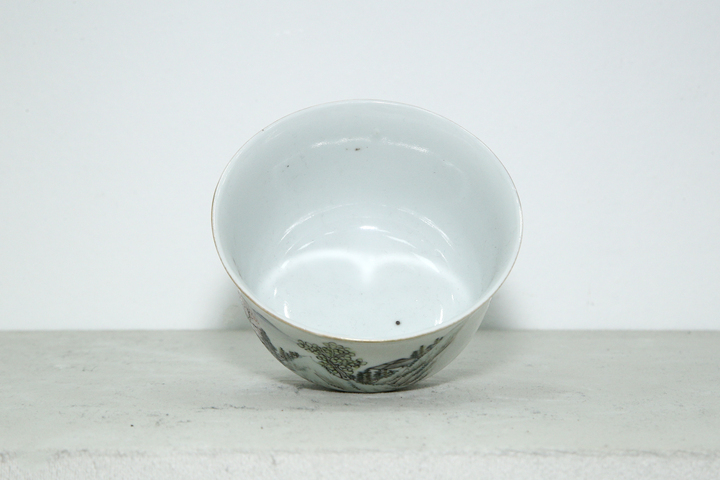 古玩陶瓷清末民初·余煥文淺絳彩山水紋茶圓真品鑒賞圖