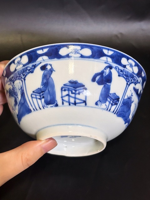 古玩陶瓷清晚期 青花冰梅開窗高士對飲山水人物紋碗拍賣，當前價格2200元