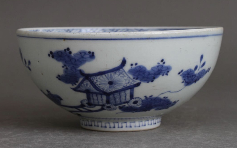 古玩陶瓷青花山水人物紋蓮子碗真品鑒賞圖