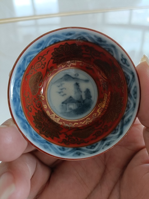 古玩陶瓷永樂年制款民國青花礬紅描金杯拍賣,當前價格58元