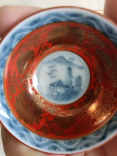 古玩陶瓷永樂年制款民國青花礬紅描金杯拍賣,當前價格58元
