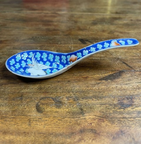 古玩陶瓷藍地粉彩鶴紋勺子拍賣，當前價格1500元