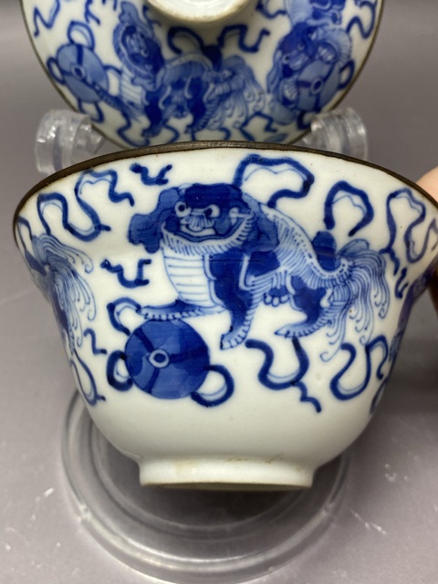 古玩陶瓷清晚期·獅子繡球·青花蓋碗·錦堂福記拍賣，當前價格3680元