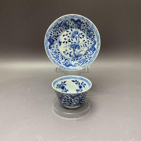 古玩陶瓷樹葉款·清晚期·青花花卉杯碟拍賣，當(dāng)前價(jià)格2200元