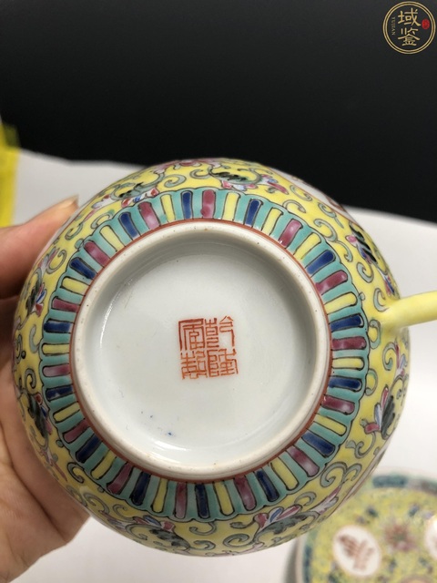 古玩陶瓷民國·黃地粉彩吉語紋杯碟拍賣，當前價格1680元