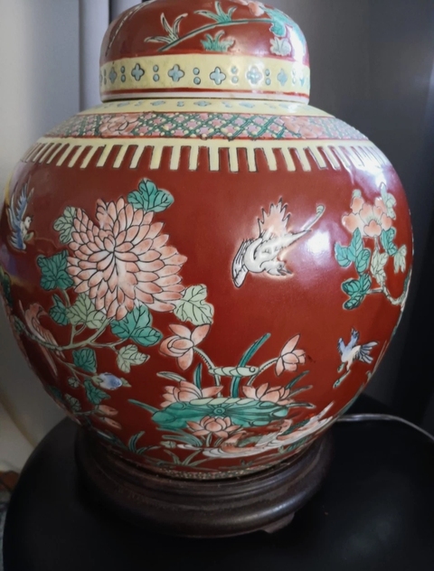 古玩陶瓷珊瑚紅粉彩花鳥紋蓋罐真品鑒賞圖
