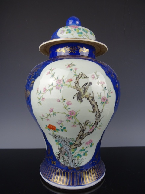古玩陶瓷霽藍釉描金花鳥紋將軍罐真品鑒賞圖