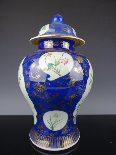 古玩陶瓷霽藍釉描金花鳥紋將軍罐真品鑒賞圖