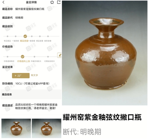 古玩陶瓷精品:明晚期耀州窯紫金釉弦紋撇口瓶拍賣,當前價格108元