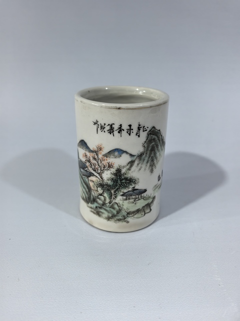 古玩陶瓷民國粉彩山水樓閣筆筒真品鑒賞圖