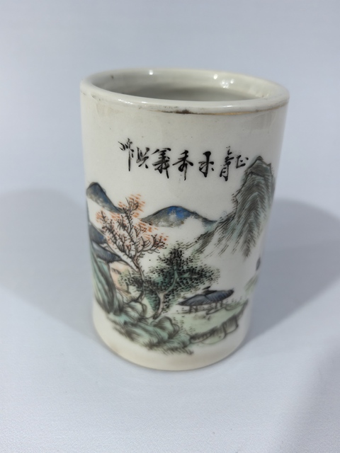 古玩陶瓷民國粉彩山水樓閣筆筒真品鑒賞圖
