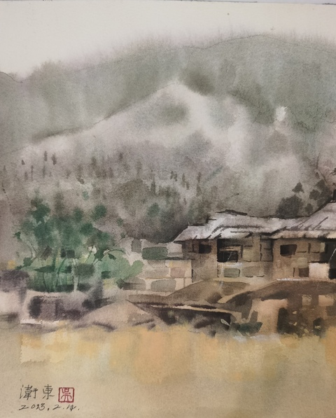 古玩字畫中美協會員范迪安美術館館長吳衛東水彩畫山寨風光拍賣，當前價格699元
