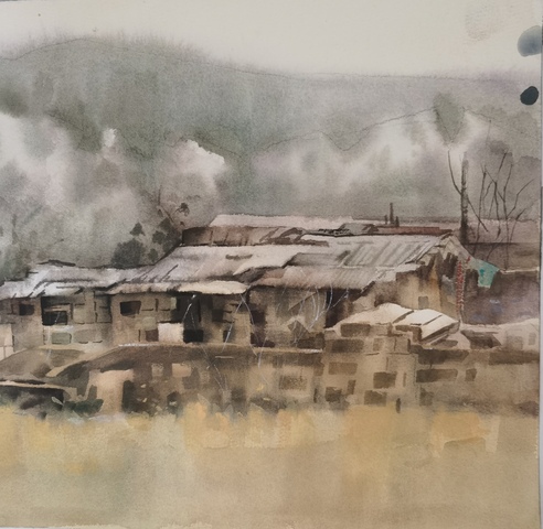 古玩字畫中美協會員范迪安美術館館長吳衛東水彩畫山寨風光拍賣，當前價格699元