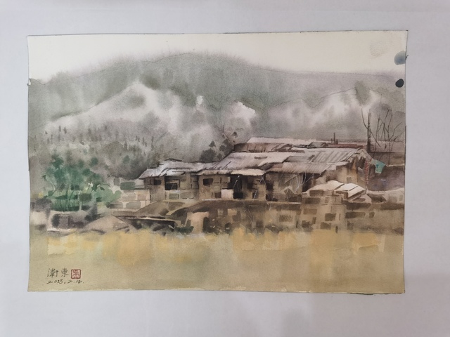 古玩字畫中美協會員范迪安美術館館長吳衛東水彩畫山寨風光拍賣，當前價格699元