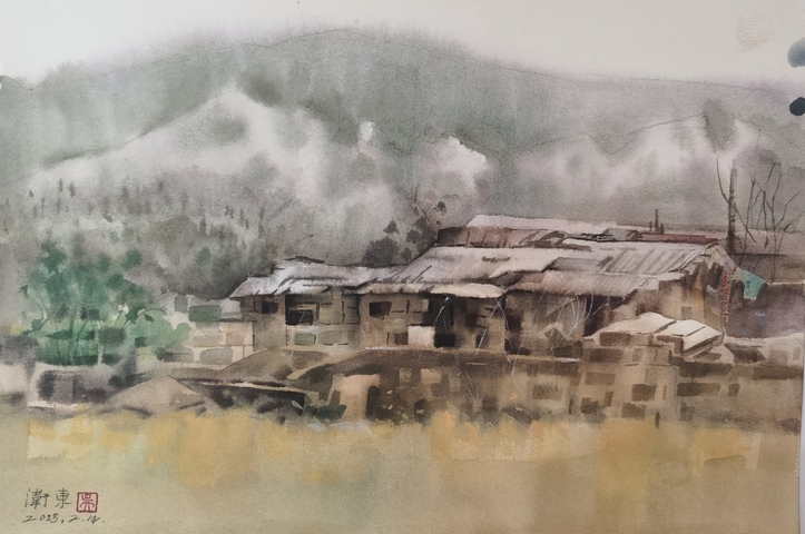 古玩字畫中美協會員范迪安美術館館長吳衛東水彩畫山寨風光拍賣，當前價格699元