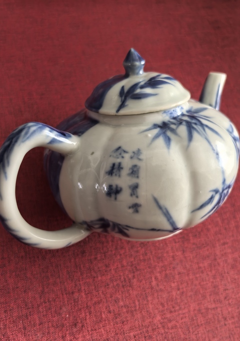古玩陶瓷青花竹報平安詩文茶壺真品鑒賞圖