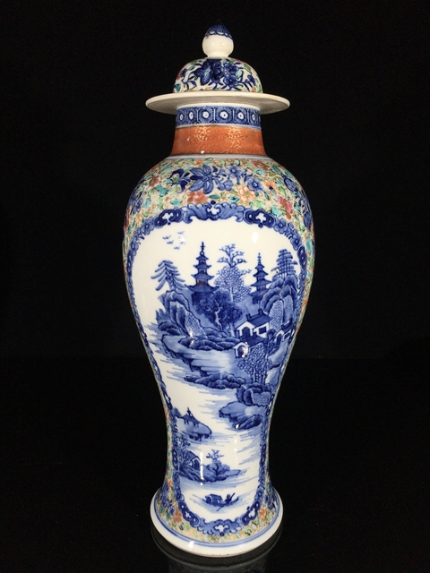古玩陶瓷青花加彩山水人物雞腿瓶真品鑒賞圖