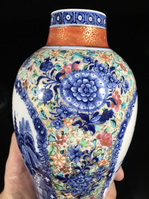古玩陶瓷青花加彩山水人物雞腿瓶真品鑒賞圖