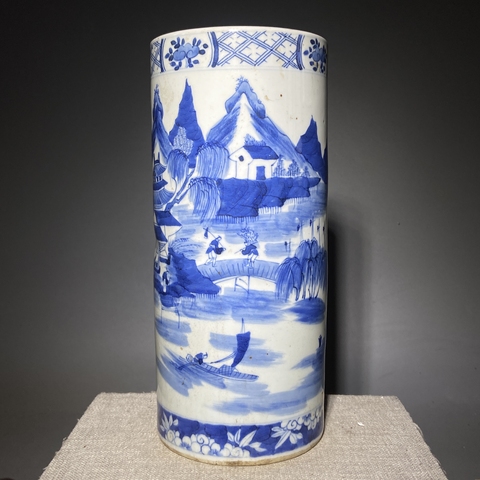古玩陶瓷山水紋青花帽筒真品鑒賞圖