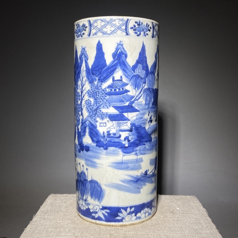 古玩陶瓷山水紋青花帽筒真品鑒賞圖