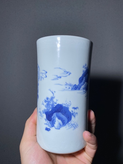古玩陶瓷青花人物故事筆筒真品鑒賞圖