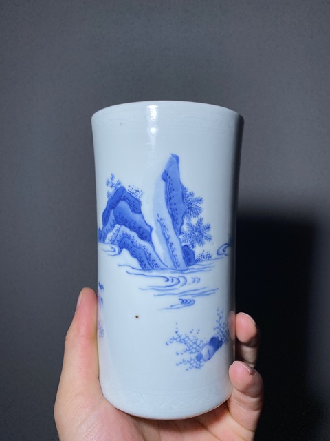 古玩陶瓷青花人物故事筆筒真品鑒賞圖