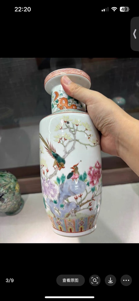 古玩陶瓷晚清粉彩花鳥棒槌瓶真品鑒賞圖